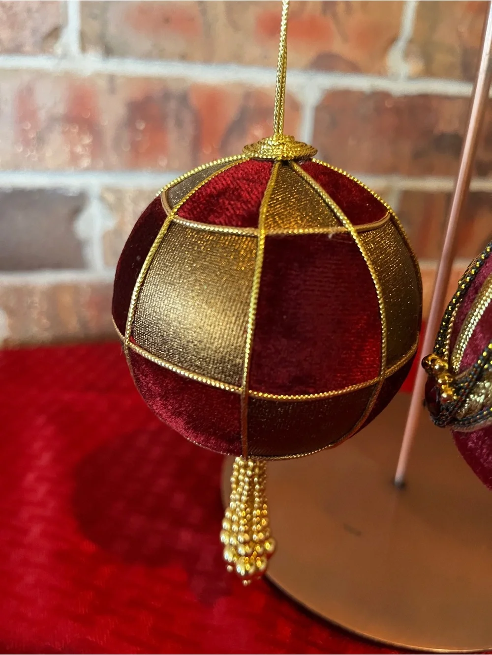 Holiday velvet ornaments with gold ribbon beadwork set of 3